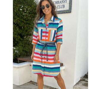 Vilagallo Colorful Striped Belted Linen Blend Shirt Dress, size 38